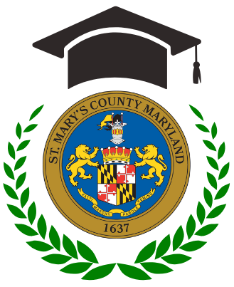 The Citizens Academy logo - The St. MAry's County seal, surrounded by a laurel wreath and with a graduation cap on top.
